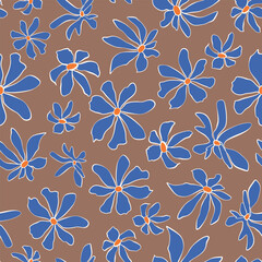 Hand drawn flower heads seamless repeat pattern on Mocha Mousse brown background. Vector, botany bloomy aop, all over print.