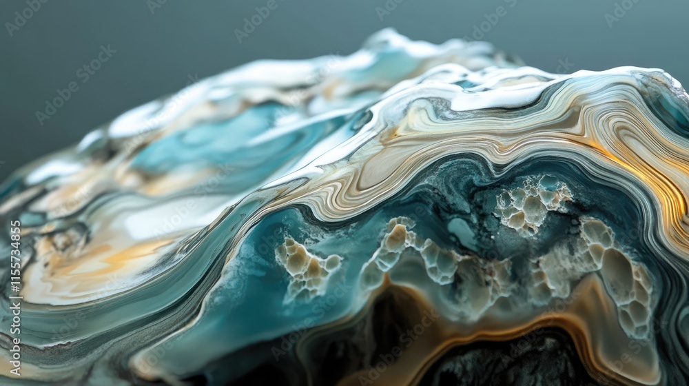 Poster elegant close-up of a polished tectonized rock displaying unique swirls and textures in vibrant colo