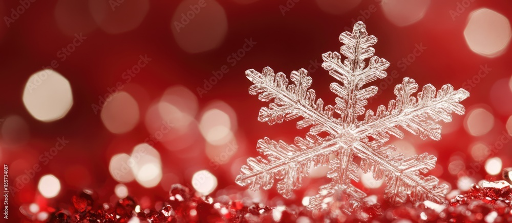 Poster closeup of a beautiful oversized snowflake sparkling against a vibrant red background with shimmerin