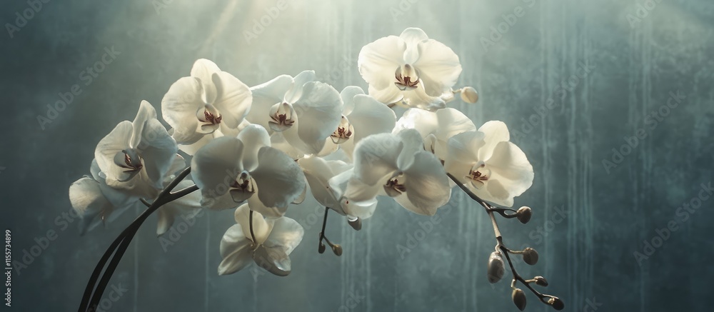Poster elegant white orchids in a delicate vase illuminated by soft sunlight creating a serene and tranquil