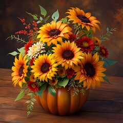 Autumn Bouquet Featuring Sunflowers and Chrysanthemums in Pumpkin-Shaped Vase