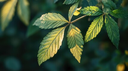 Fototapeta na wymiar Close-up view of green plant leaves with intricate patterns illuminated by sunlight in a natural setting.