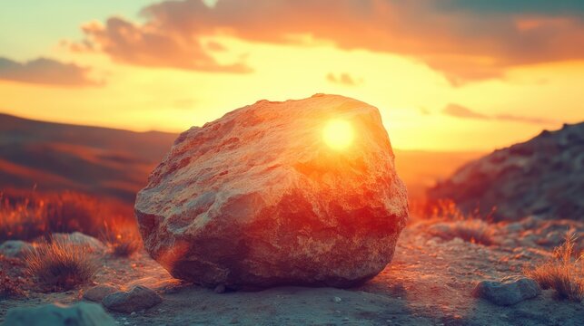 Sunset over a rocky landscape with a vibrant sunflare creating a dreamy cross-processed effect on the tranquil foreground scene