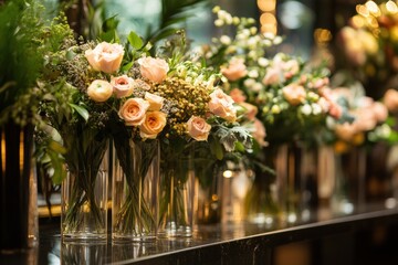 Stylish storefront display featuring elegant flower arrangements in glass vases during a sunny afternoon. Generative AI