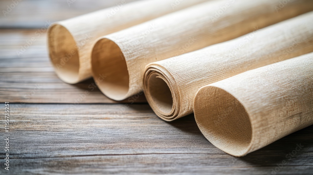 Poster beige rolled shutters placed on a rustic wooden table showcasing texture and simplicity in design fo