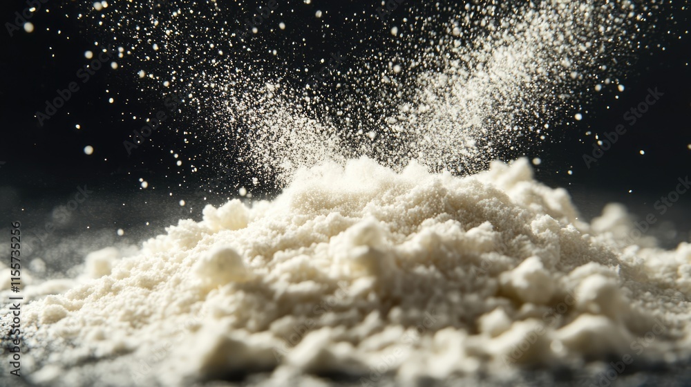 Poster fine powdered rice with particles floating in the air creating a dynamic and textured culinary backg