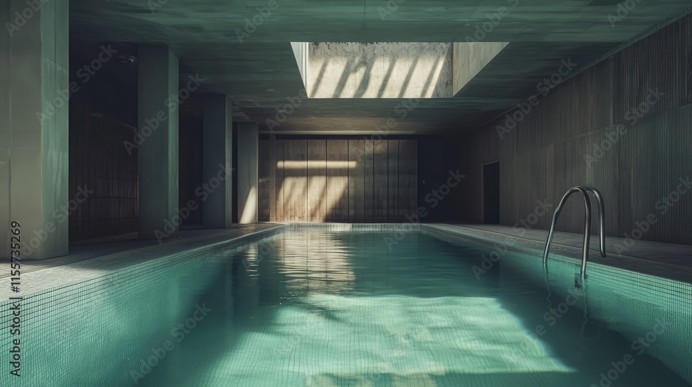Aufkleber modern indoor swimming pool with minimalistic design and natural light creating reflections and text
