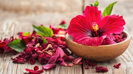 Hibiscus sabdariffa flower and dried petals in a wooden bowl showcasing the vibrant colors and herbal benefits of this decorative plant.