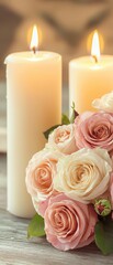 Obraz premium Candlelit Dinners and Romantic Settings for Lovebirds in double exposure style, merging the soft glow of candle flames with a vibrant bouquet of roses, creating a warm and intimate atmosphere