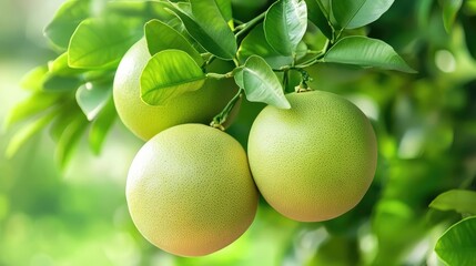 Pomelo trees laden with ripe pomelos in a lush orchard showcasing vibrant green leaves and fruit ready for harvest.