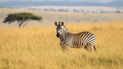 Obraz premium Zebra standing in golden grassland with trees in the background capturing the essence of wildlife in its natural habitat