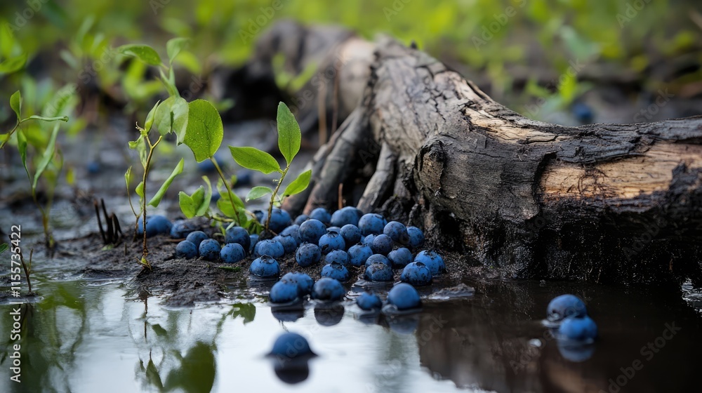 Poster roots of a fallen pine tree in a swamp surrounded by blueberries and muddy water showcasing nature's