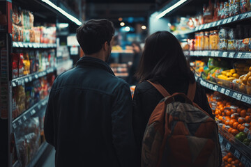 Couple engaged in grocery shopping together in a bright supermarket during the late afternoon