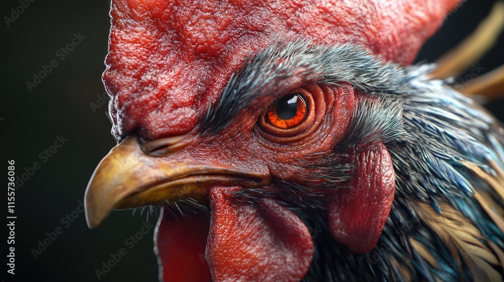 Poster close-up of a rooster's head showcasing vivid colors and intricate details of feathers and facial fe