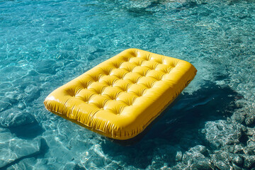 An inflatable yellow mattress lies on a transparent sea surface.