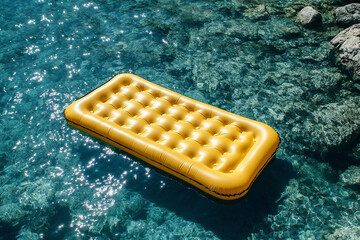 Yellow inflatable mattress for relaxing on the water next to the rocky shore.