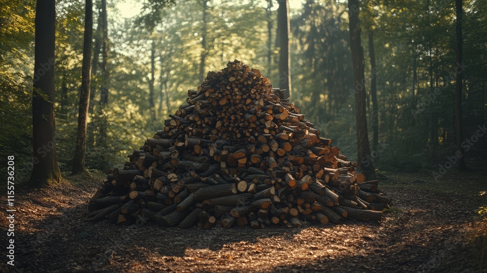 Aufkleber pyramid stack of firewood logs in serene forest setting surrounded by trees and dappled sunlight cre
