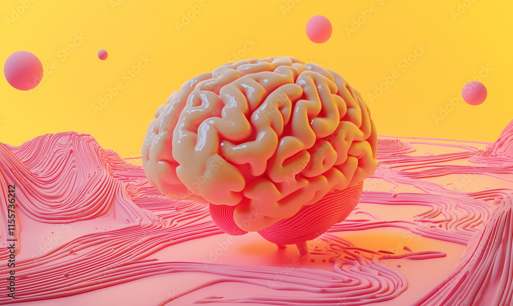 Aufkleber a surreal representation of a brain surrounded by abstract shapes and vibrant colors on a textured l
