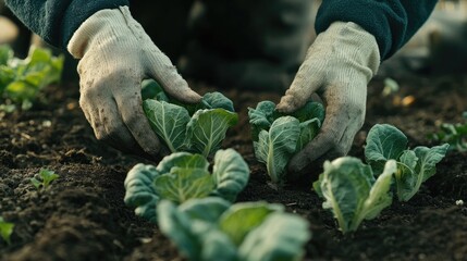 Farmer planting green cabbage seedlings in spring garden using gloves for home food cultivation and sustainable gardening practices