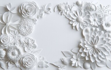 Elegant White Paper Flowers Frame 3D Floral Design Wedding Invitation Background