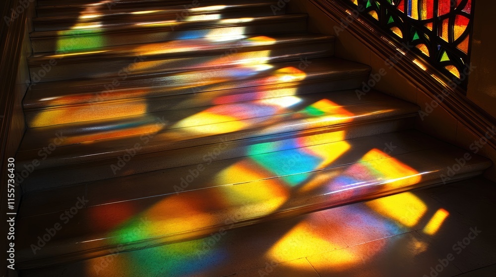 Poster colorful sunlight patterns on staircase steps creating a vibrant interplay of light and shadow indoo