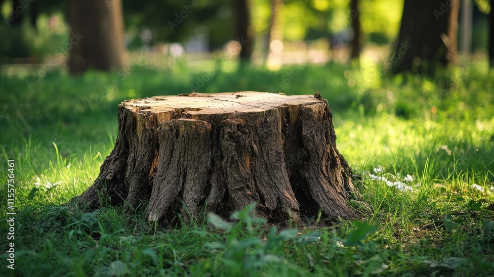 Poster decaying oak tree stump in a tranquil park setting surrounded by lush green grass and soft sunlight 