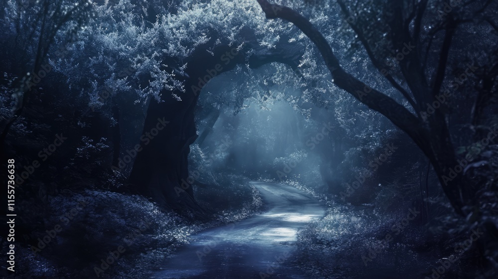 Poster Mysterious foggy forest path illuminated by moonlight creating an enchanting and tranquil atmosphere in nature