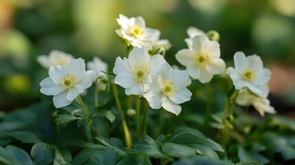 Fototapeta premium Delicate white wildflowers blooming in a sunlit garden surrounded by lush green foliage creating a serene and tranquil atmosphere