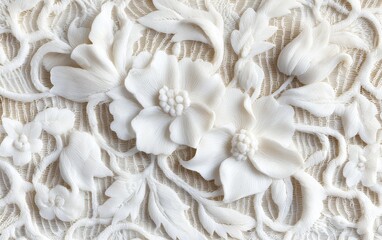 Elegant White Floral Lace Texture Intricate 3D Relief Design Craftsmanship