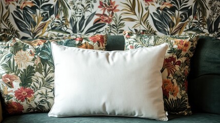 Elegant white pillow on a sofa surrounded by vibrant floral patterned cushions and a lush botanical wallpaper background.