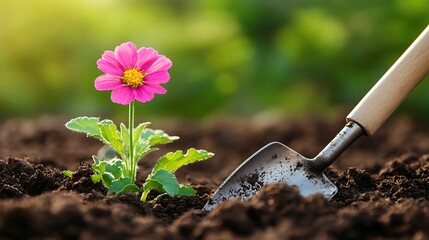 A gardening trowel digging into rich soil with a blooming flower nearby. Show the ease of use and effectiveness of the trowel.