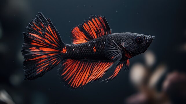 Striking red and black triplefin fish gracefully swimming in a dark aquatic environment showcasing its vibrant fins and unique coloration