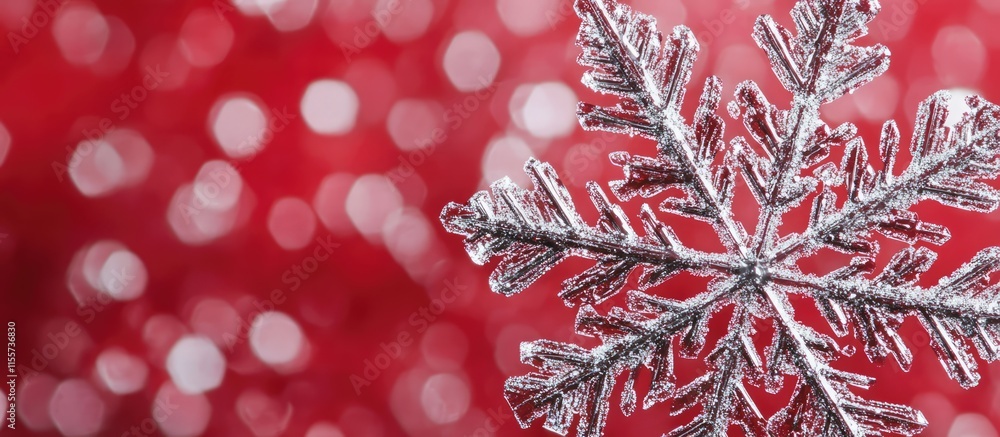 Poster large detailed snowflake on a vibrant red background with shimmering bokeh effect capturing winter b