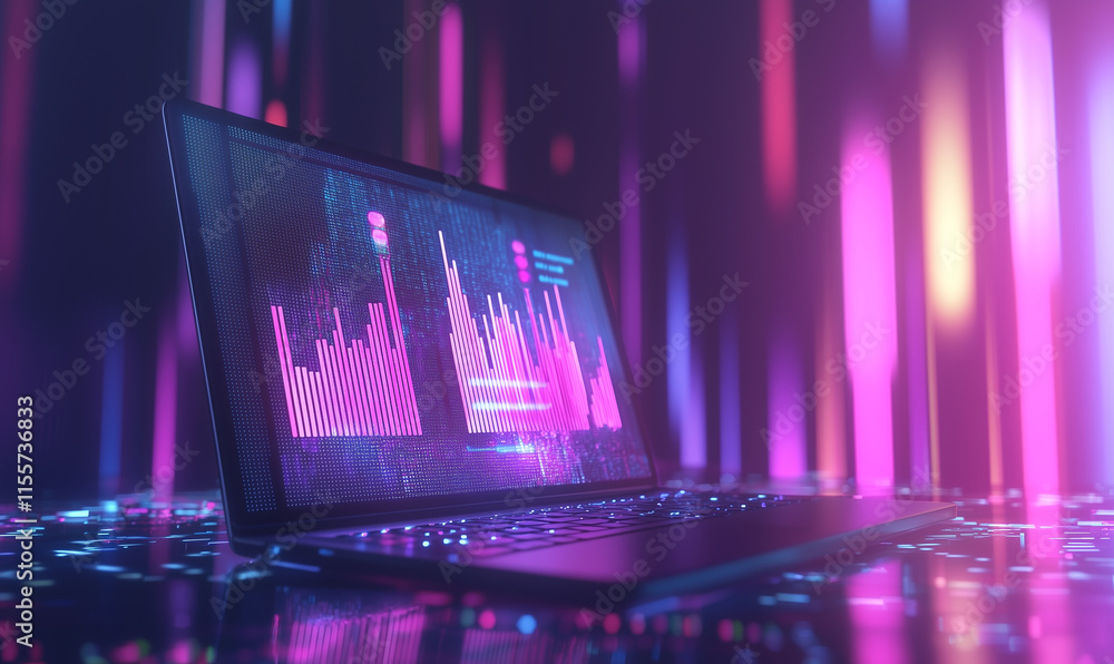 Poster a stylish laptop displaying vibrant sound wave graphics, illuminated by colorful lights in a modern 