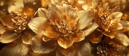 Golden floral elegance in detailed close-up showcasing ornamental flowers with a luxurious metallic sheen and intricate petal textures.