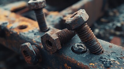 Close-up of rusty unused bolts resting on an aged metal surface showcasing weathered texture and industrial decay in a detailed manner