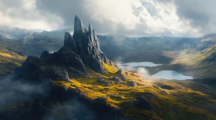Majestic rocky summit with crags overlooking tranquil lake in the scenic Highlands under dramatic cloudy sky
