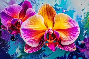 Vibrant orchids in yellow and purple hues with lush green leaves against dark starry background, creating enchanting floral scene perfect for nature-inspired designs and decor projects.