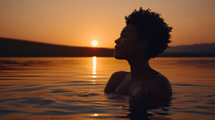 Fototapeta premium A serene silhouette of a woman in water at sunset, capturing a moment of tranquility and reflection against a vibrant sky.