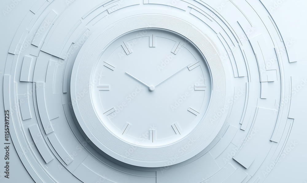 Poster modern white wall clock with a minimalistic design, featuring simple numbers and a textured circular