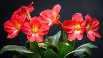 Vibrant red flowers with yellow centers beautifully arranged in a lush green pot ideal for ornamental planting and attractive indoor decor.