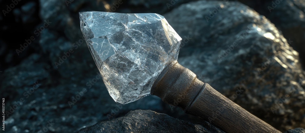Poster diamond rock close-up with a textured handle showcasing natural minerals and intricate details in a 