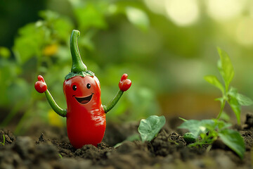 Fresh red pepper stands in the garden and smiles