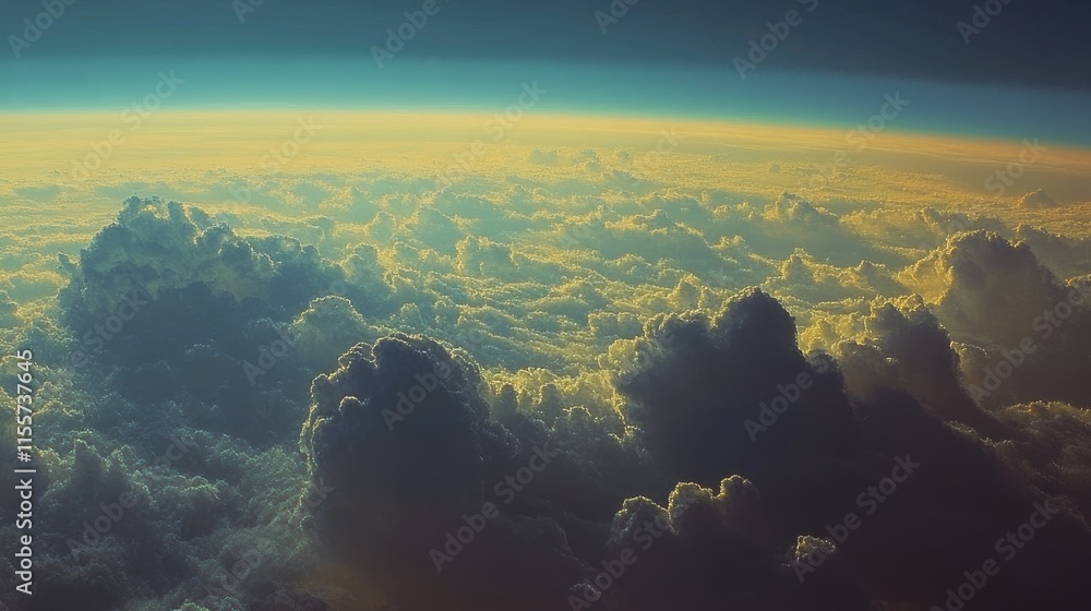 Aufkleber atmospheric layers and outer space view from earth with beautiful cloud formation and horizon illumi