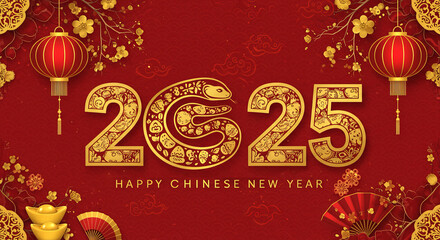 Happy Chinese New Year 2025. Snake zodiac with lanterns, cloud on red background for card design. China lunar calendar animal. Translation happy new year 2025, year of the snake