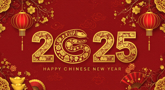 Happy Chinese New Year 2025. Snake zodiac with lanterns, cloud on red background for card design. China lunar calendar animal. Translation happy new year 2025, year of the snake
