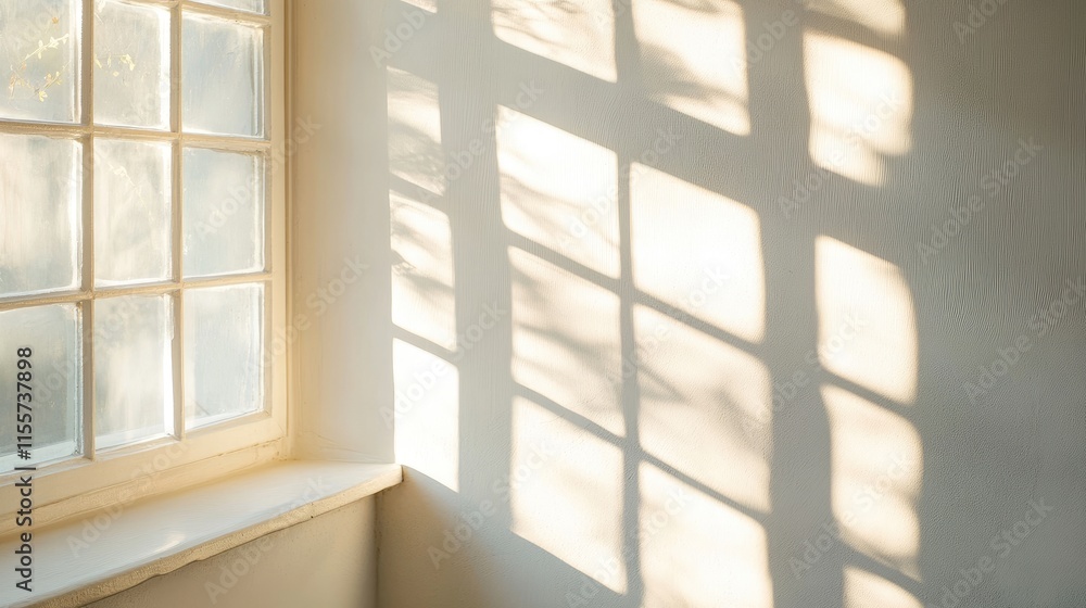 Poster sunlight casting intricate shadows on a wall and windowsill, showcasing graphic abstract patterns in