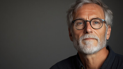 Mature man with glasses and beard gazes thoughtfully at the camera in a studio setting with neutral background. Portrait photography for lifestyle visuals.