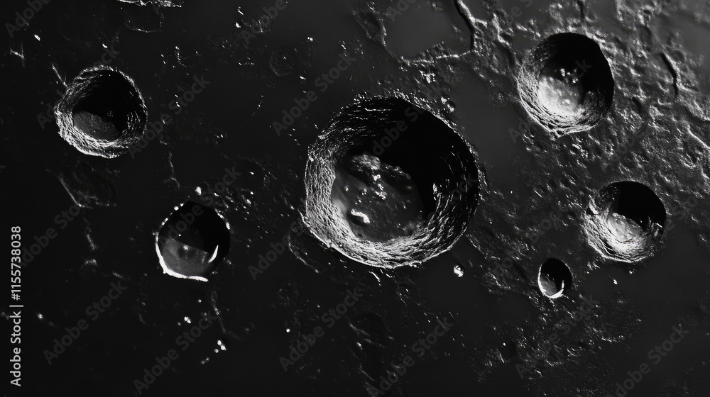 Poster raindrops on a dark surface creating an abstract texture with differing sizes and reflections in a m