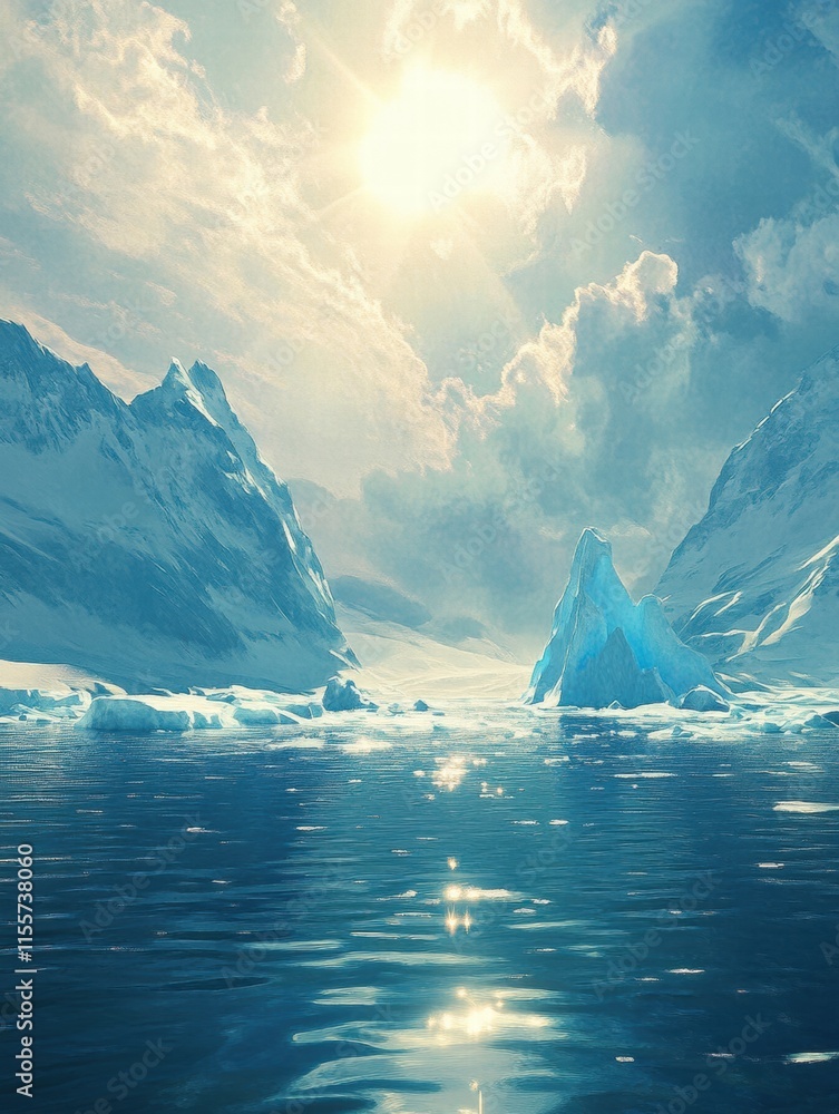Aufkleber melting iceberg floating serenely in a bright blue ocean with clear skies and distant mountains duri